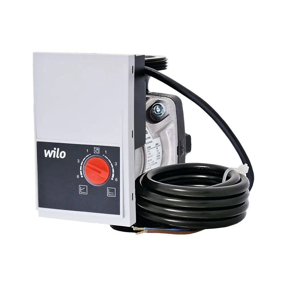 Wilo Pumpe mit Steuereinheit und einem schwarzen Kabel, verbunden mit einem grauen Gehäuse. Hersteller: Wilo. Ideal für Heizungsanwendungen von ESBE.